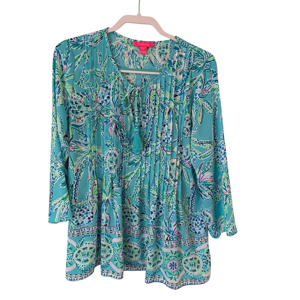 Lilly Pulitzer Elsa Top Turquoise Blue Green Floral Tassel Silk Blouse‎ Large